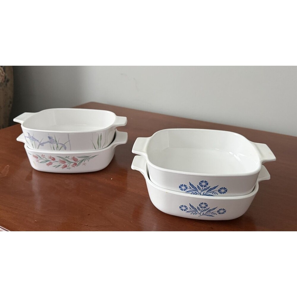 Vintage CorningWare White Floral Square Baking Dish Set of 4 w/ Handles 6.5in